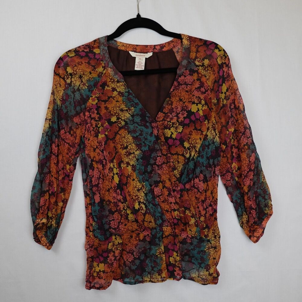 Sundance Blouse Women XS 100% Silk 3/4 Sleeve Lined Floral Boho Multi Color Fall